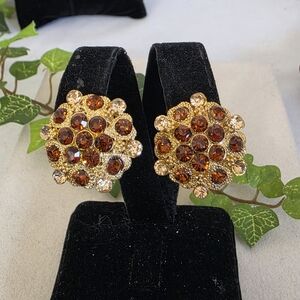 Gold Clip On Earrings with Amber Color Crystal Rosette Motif Design